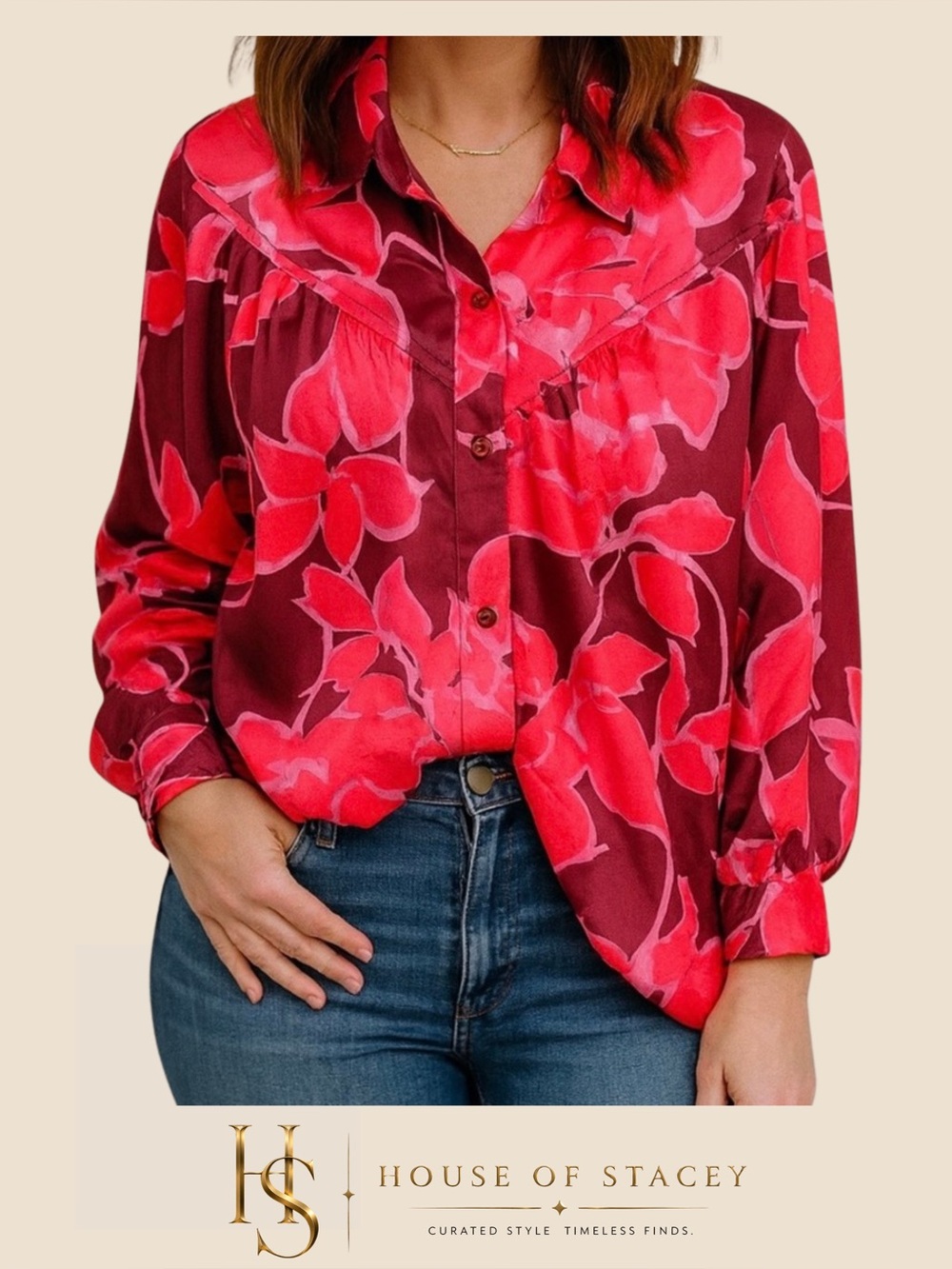 VENUS Satin Floral Blouse Pink Burgundy Button Front Top – Size 12